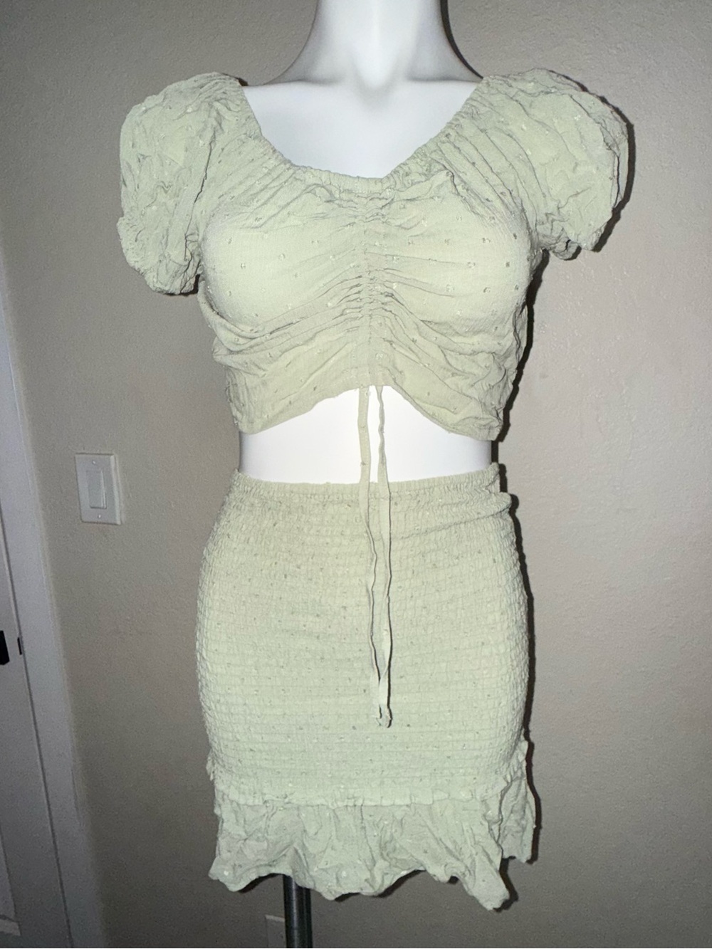 Fashion Nova Light Sage Ruffled Smocked Two-Piece Skirt Set